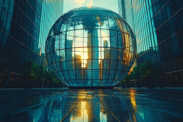 Poster - a large, transparent globe with office buildings inside, symbolizing the interconnectedness of globa