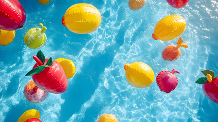 Colorful pool floats in shape of fruits in swimming pool
