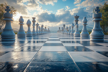 Wall Mural - A giant chessboard with business executives as the pieces, emphasizing strategic decision-making in corporate settings. Concept of strategy.