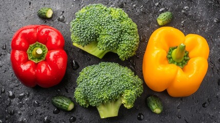 Close-up of bell peppers, cucumbers, broccoli, and leafy green vegetables. Ideal for healthy eating, nutrition, and organic food themes.