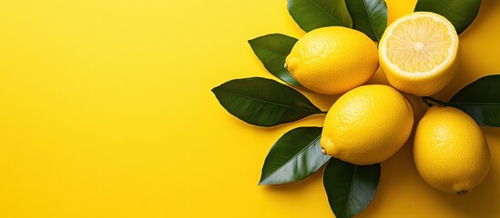 Poster - Lemons with Leaves on Yellow Background