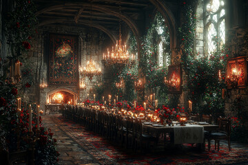 Wall Mural - A family dinner in a dining room resembling a castle's great hall, with long tables, candelabras, and tapestries, showcasing grand feasts. Concept of tradition.