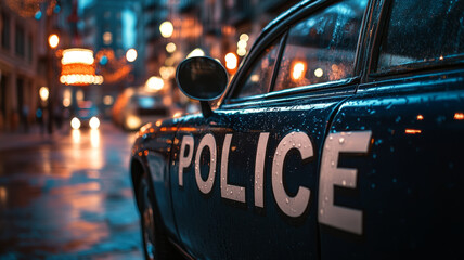 Wall Mural - Police car parked in a city street at night with wet reflections.