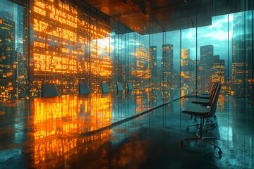 Poster - a conference room with walls made of glass showing live news feeds and stock tickers, emphasizing tr