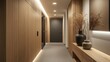 © Adnan saheem - Modern Scandinavian corridor with streamlined wooden storage, hidden door panels, and recessed lighting