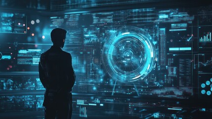 Poster - Silhouetted Figure Facing Large Digital Interface