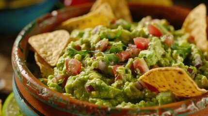 Vibrant bowl of guacamole with crispy tortilla chips.