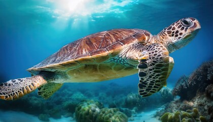 a turtle swims in the clean clear water. beautiful underwater world.