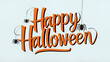 © CraftyStarVisual - Happy Halloween text in spooky style with orange color and hanging spiders, set against a clean white background
