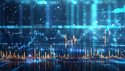 Futuristic blue digital landscape featuring glowing elements and stock market bar graphs, highlighting advanced technology concepts