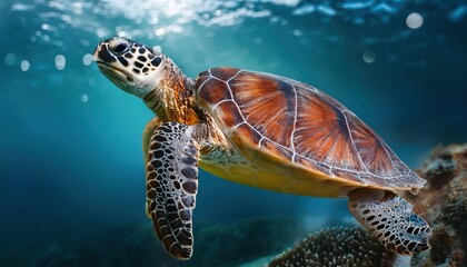 a turtle swims in the clean clear water. beautiful underwater world.