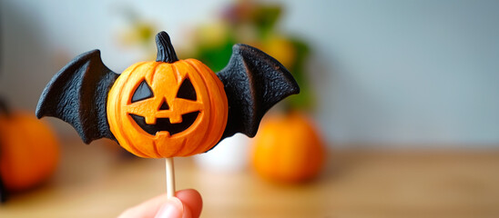 Figured lollipop caramel on sticks in the form of halloween pumpkin with bat wings, on a blurred background autumn bouquet and pumpkins, free space for text