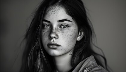 Wall Mural - Thoughtful Reflections of a Freckled Young Woman in Monochrome