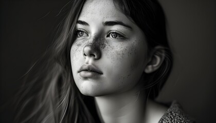 Wall Mural - Thoughtful Reflections of a Freckled Young Woman in Monochrome