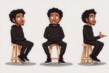 Wall Mural - Cartoon Black Man Character Sitting on Stool in 3 Different Poses