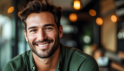 Wall Mural - Warm and Genuine Smile of a Stylish Business Man in Green Shirt