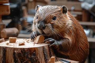 Poster - a beaver working on a woodworking project in a workshop, using tools and building something, demonst