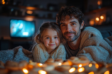 Poster - Parents and kids having a cozy movie night at home, complete with blankets and favorite snacks.