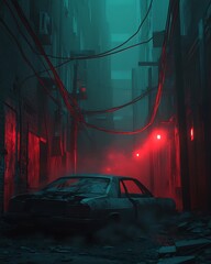 Wall Mural - Dark cyberpunk alley with abandoned car and red light