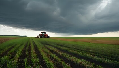 Wall Mural - Dramatic Sky Over Vast Farmland with Solitary Tractor Amidst Brewing Storm