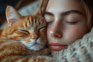 Poster - A young woman enjoying a lazy afternoon at home, curled up on the couch with her cat and a good movie.