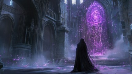 A hooded figure standing before a glowing purple portal in a gothic cathedral.