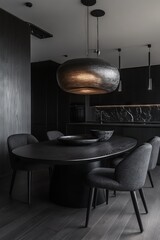 Wall Mural - A modern dining space with an oval black wooden table and matching black chairs  