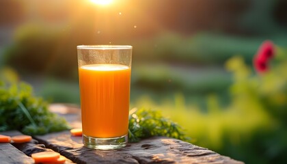 Energizing morning glow radiating from a glass of fresh carrot juice in vibrant close-up