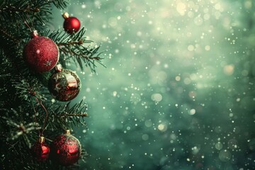 Wall Mural - festive christmas ornaments on evergreen tree
