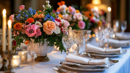 Visualize a beautifully set dining table for an intimate gathering, adorned with elegant decorations. 