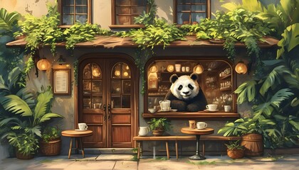 Sticker - Charming Panda Cafe Nestled in Lush Surroundings with a Cozy Aesthetic and Inviting Entrance