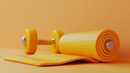 It's a bright, energetic design with bright yellow dumbbells and a rolled exercise mat on an orange background. Ideal for fitness enthusiasts and gym lovers.