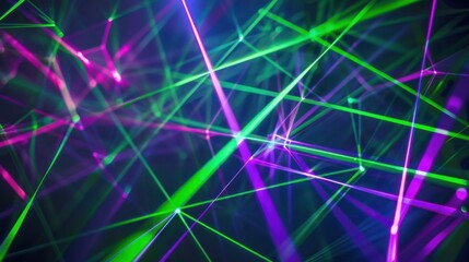Poster - Bright green and purple laser lines crossing each other, forming a complex web of light on a dark background