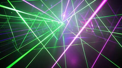 Poster - Bright green and purple laser lines crossing each other, forming a complex web of light on a dark background