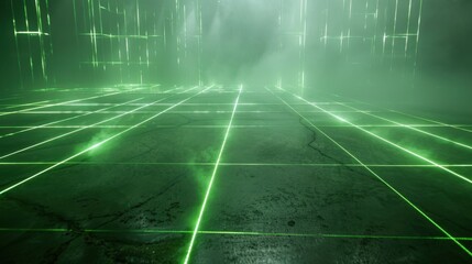 Poster - Bright green laser beams forming a grid pattern on a dark, foggy background, adding depth to the visual