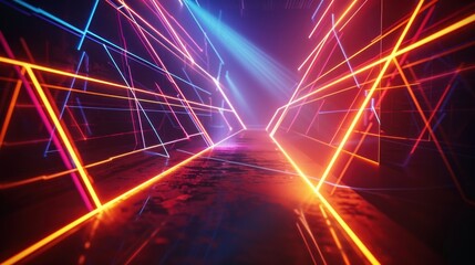 Poster - Bright laser beams forming geometric shapes on a dark background, glowing brightly in a high-tech aesthetic