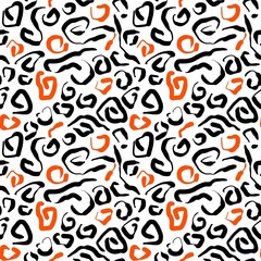 Wall Mural - Seamless abstract geometric pattern. Background in black, orange, white. Illustration. Lines, meanders. Design for textile fabrics, wrapping paper, background, wallpaper, cover.