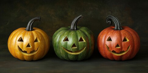 A trio of Halloween pumpkins that sit side-by-side. Each pumpkin has a unique carved face and there are rich and warm colors that make these pumpkins perfect for any festive theme or seasonal decor.