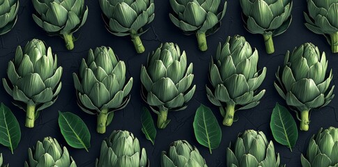 There are a lot of green artichokes in this vibrant image. Their shapes and colors make them appealing to the eye. It would work well in a cooking or food-related theme.