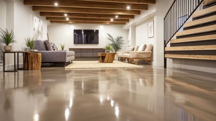 Scandinavian basement remodel with polished concrete flooring, light wooden accents, and modern minimalist furniture