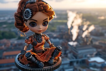 Poster - A steampunk doll with gears for eyes and metallic joints, sitting on a floating gear above an industrial cityscape. Her copper dress glows softly in the light of the setting sun, while steam