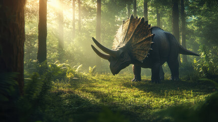 Wall Mural - A Triceratops grazing in an open clearing, surrounded by towering ancient trees, sunlight beams piercing through the canopy and casting long shadows. The