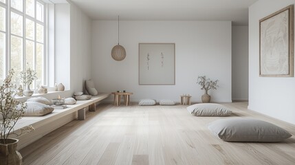 Serene Scandinavian-style meditation room with light wooden floors, white walls, and simple, soft floor cushions