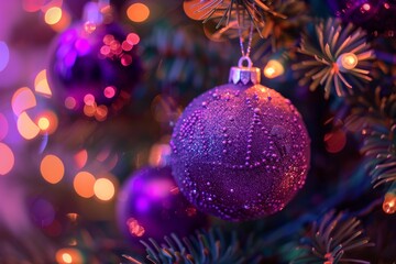 Wall Mural - purple christmas ornament on festive tree