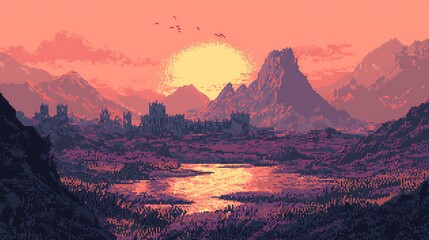 Canvas Print - Fantasy landscape with mountains, river, and castle at sunset