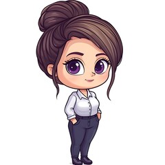 Wall Mural - Cute Chibi Cartoon Girl Character with Brown Hair in a Bun