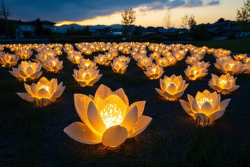 Poster - A surreal garden where time is represented by blooming flowers, each petal glowing with soft golden light. The garden is bathed in the warm glow of a setting sun, casting long shadows across