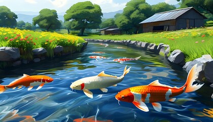 Wall Mural - Serene farm scene featuring flowing water and koi fish, showcasing the beauty of rural irrigation systems in harmony with nature.