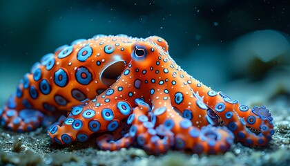 Striking close-up view of a blue-ringed octopus showcasing marine beauty in vibrant colors for ocean conservation and aquatic life documentation