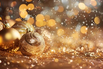 Wall Mural - golden christmas ornaments with sparkling bokeh